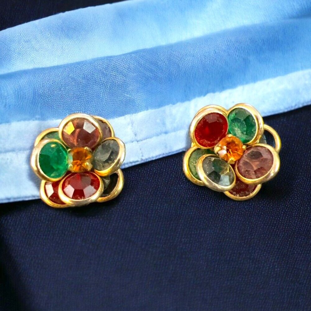 Stunning Maroon and Green 3D Holiday Flowers Stud Post Earrings w Orange Stones - Picture 1 of 4